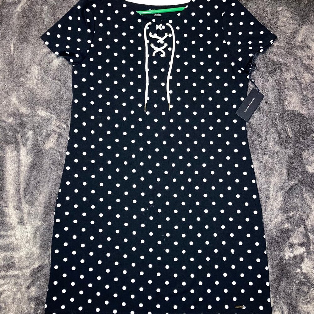 Tommy Hilfiger Large Dark Blue Dress with White Polka Dots
